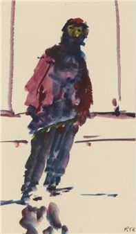 A watercolor portrait of a figure in winter gear against a snowy backdrop.
