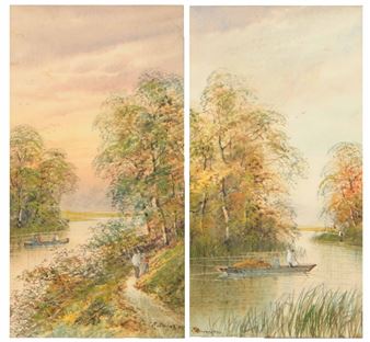 A split-panel watercolor scene depicting a tranquil riverbank with figures, boats, and autumnal trees.
