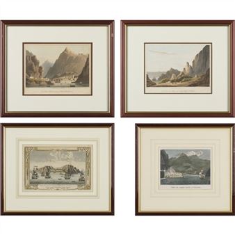 A collection of four framed landscape engravings depicting coastal scenes with mountains and ships.