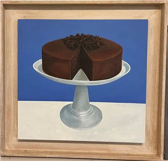 A realistic painting of a chocolate cake with a slice removed, displayed on a pedestal against a blue background.