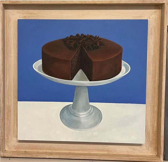 A realistic painting of a chocolate cake with a slice removed, displayed on a pedestal against a blue background.