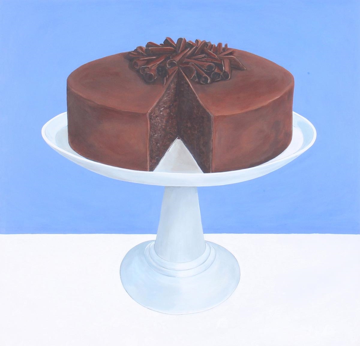 A realistic painting of a chocolate cake with a slice removed, displayed on a pedestal against a blue background.