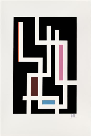 A minimalist abstract composition featuring bold geometric shapes and a stark color palette.