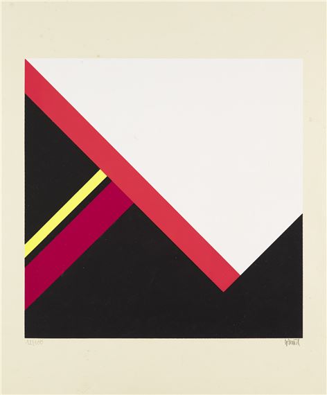 A bold geometric composition featuring sharp diagonal lines and contrasting colors.
