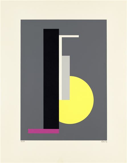 A minimalist geometric composition featuring bold shapes and a limited color palette.