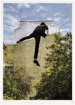A surreal street art mural of a figure mid-leap against a building facade.