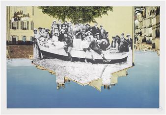 A surreal collage of a vintage boat filled with people floating in a blue void.