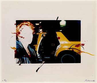 A stylized portrait of a person with red hair seated in a yellow car, surrounded by abstract paint splatters.