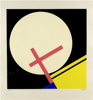 A bold geometric composition featuring a large white circle, a red cross, and a yellow triangle against a black background.