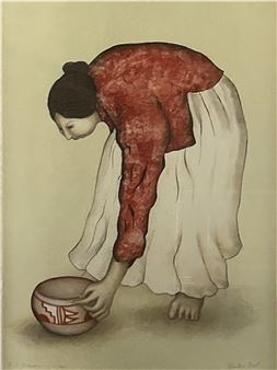 A figure in a red top and white skirt bends over to touch a patterned bowl.