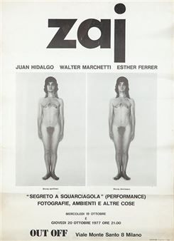 A vintage poster featuring two identical black-and-white photographs of a nude figure standing side by side, framed by bold typography and event details.