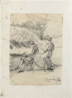 A sketch of two figures seated outdoors under a tree.
