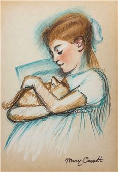 A tender pastel drawing of a young girl cradling a small cat in her arms.