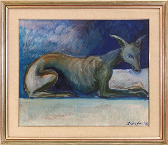 A moody, expressionist painting of a slender, dark-colored canine figure resting against a deep blue background.