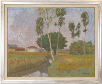 A pastoral landscape painting featuring a winding stream, tall trees, and distant farmhouses under a soft sky.