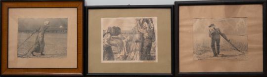 3 Stiche "Erntelandschaften und Bauern bei der Arbeit - Walter Voltmer