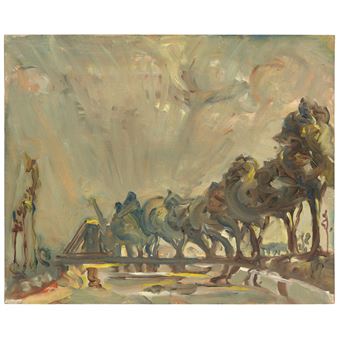 A painterly landscape of a horse-drawn carriage on a bridge under a hazy sky.
