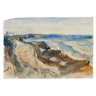 A watercolor landscape of a rugged coastline with dunes and the sea.