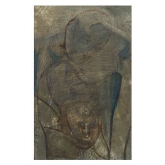 An abstract composition featuring a central face surrounded by swirling lines and muted earth tones.