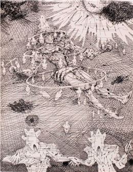 A chaotic black-and-white ink drawing depicting a swirling, abstract scene filled with figures and geometric shapes.