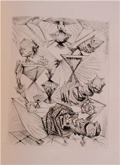 A black-and-white etching of a surreal, geometric still life featuring hourglasses and abstract forms.