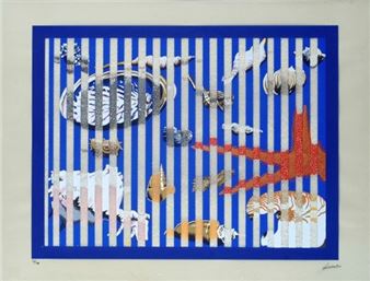 A colorful collage featuring a blue striped background with scattered abstract shapes and objects.