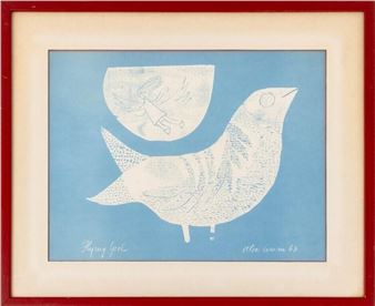 A stylized white bird silhouette with a dotted texture against a blue background, featuring an inset circular scene of a figure.