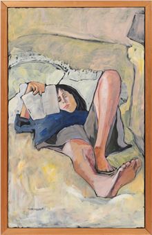 A figure reclines on a bed reading a book in a softly lit, impressionistic painting.