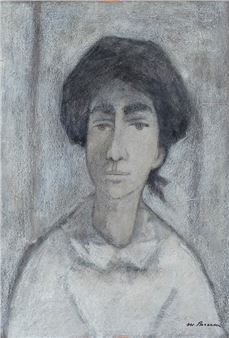 A monochromatic portrait of a figure with dark hair and a collared shirt, rendered in soft charcoal strokes against a textured gray background.