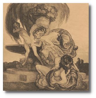 A monochromatic drawing of a classical fountain scene featuring three figures and a large urn.
