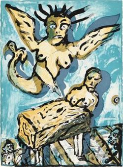 A surreal composition featuring a winged figure hovering over a reclining nude subject against a textured blue background.