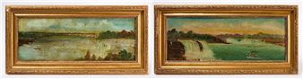 A pair of framed landscape paintings depicting a wide river with a waterfall and distant shoreline.