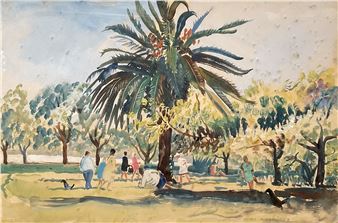 A watercolor scene of a sunlit park with a large palm tree and people strolling among the trees.
