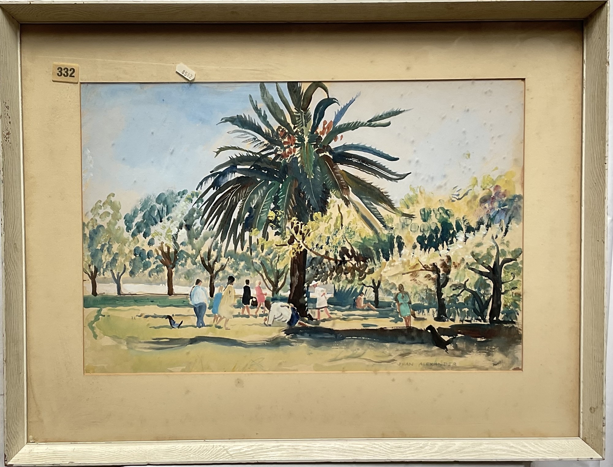 A watercolor scene of a sunlit park with a large palm tree and people strolling among the trees.