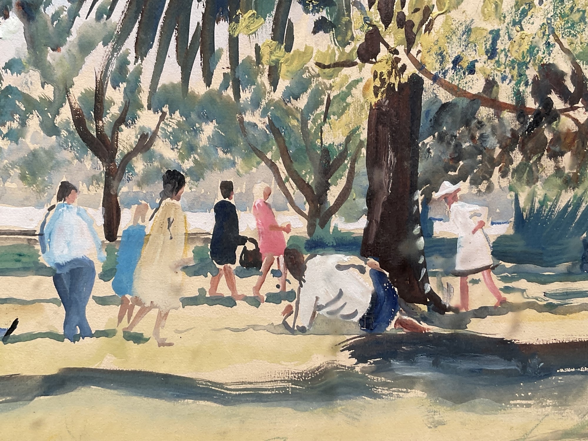 A watercolor scene of a sunlit park with a large palm tree and people strolling among the trees.