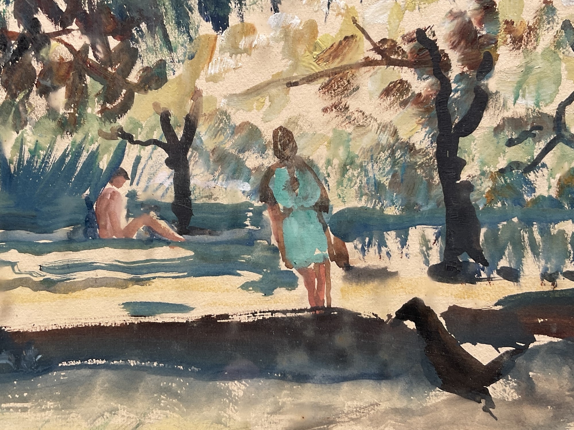 A watercolor scene of a sunlit park with a large palm tree and people strolling among the trees.