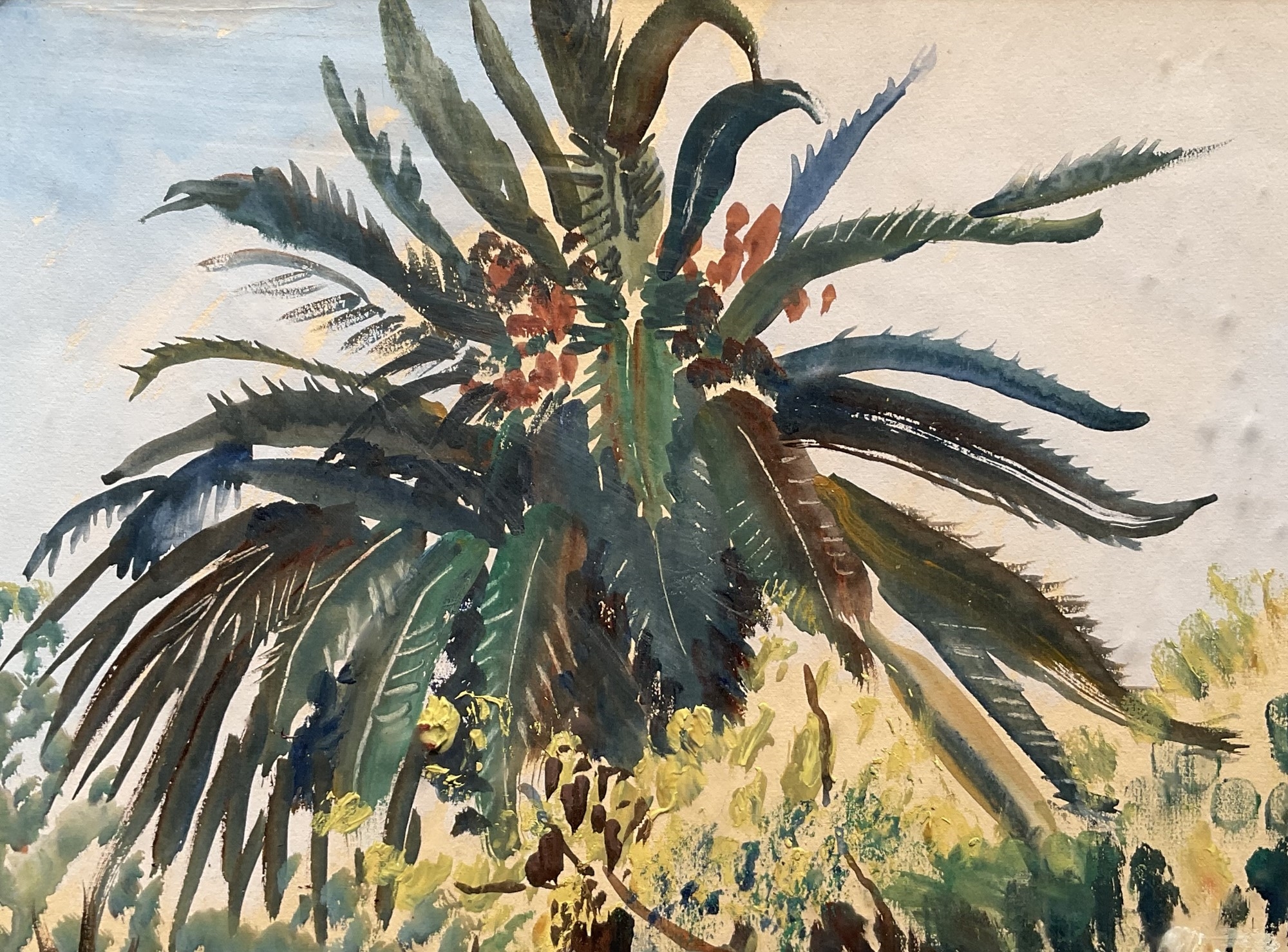 A watercolor scene of a sunlit park with a large palm tree and people strolling among the trees.