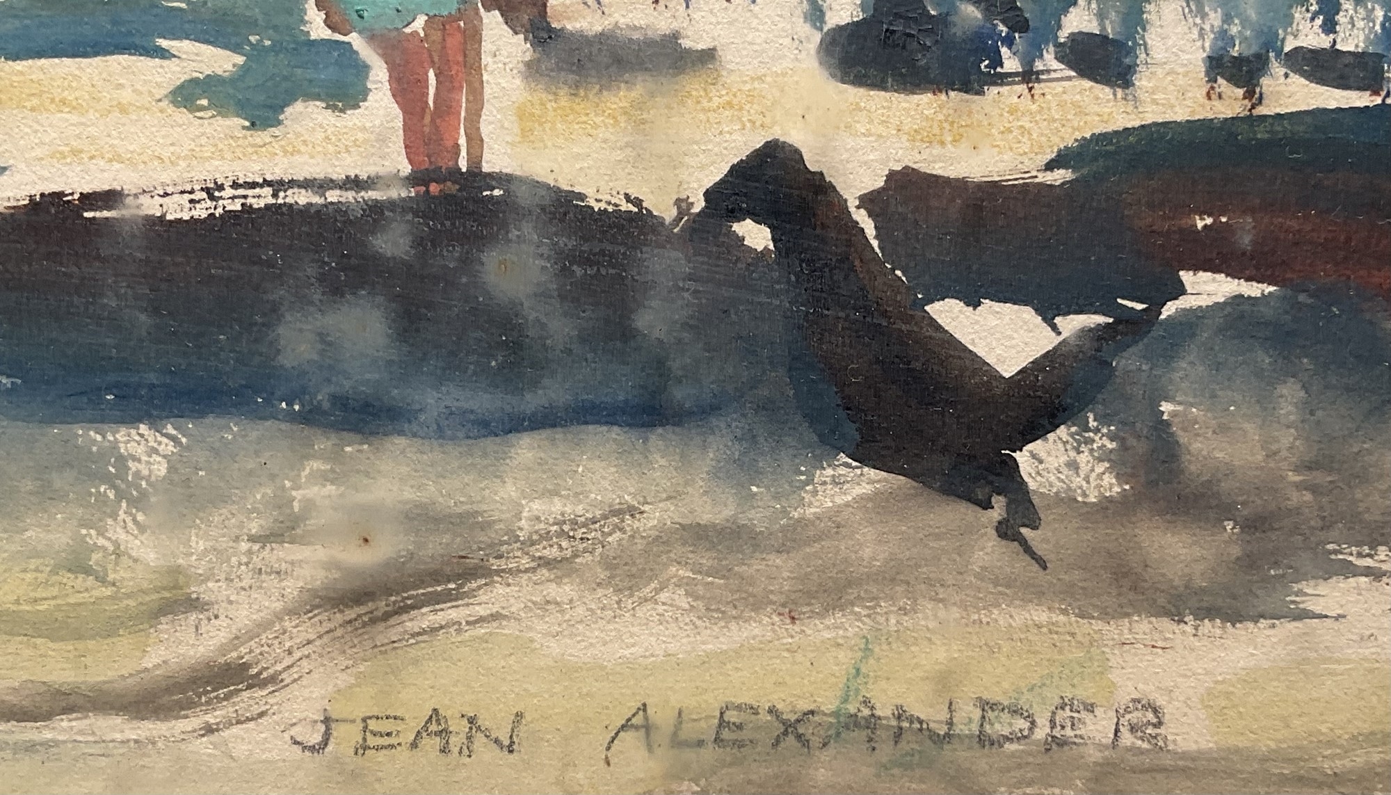 A watercolor scene of a sunlit park with a large palm tree and people strolling among the trees.