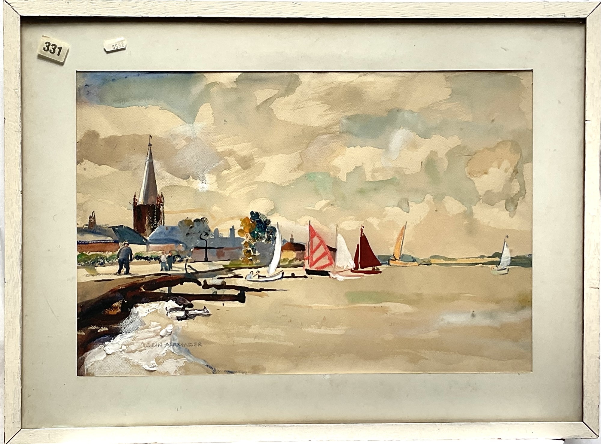 A watercolor scene of a sunlit park with a large palm tree and people strolling among the trees.