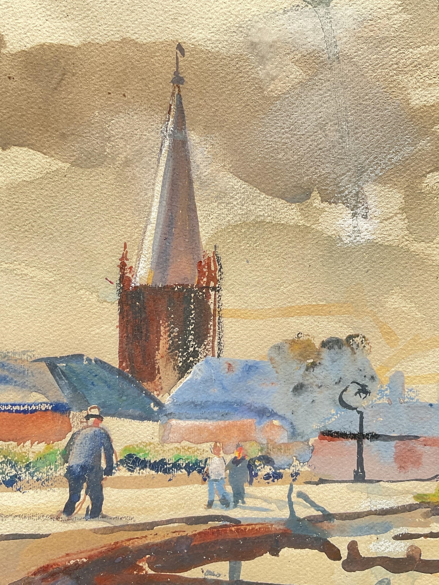 A watercolor scene of a sunlit park with a large palm tree and people strolling among the trees.