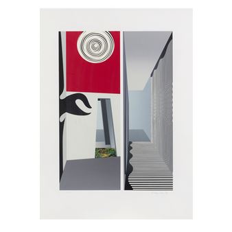 A geometric interior scene featuring a red panel with a spiral motif and a striped staircase.