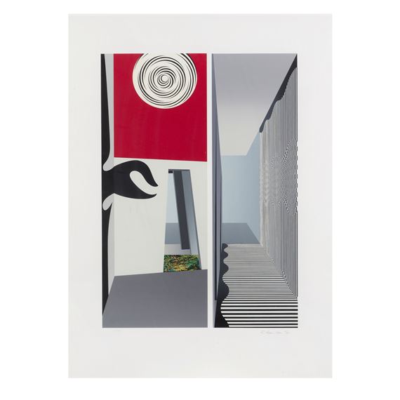 A geometric interior scene featuring a red panel with a spiral motif and a striped staircase.