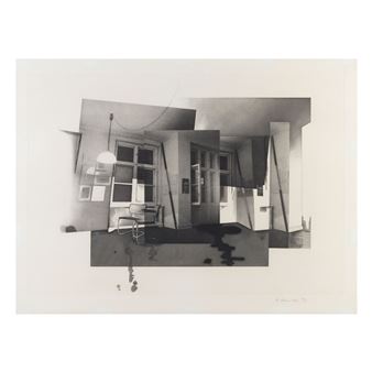 A surreal black-and-white collage of fragmented interior spaces.