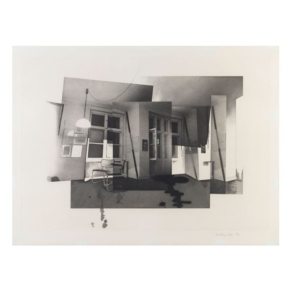 A surreal black-and-white collage of fragmented interior spaces.