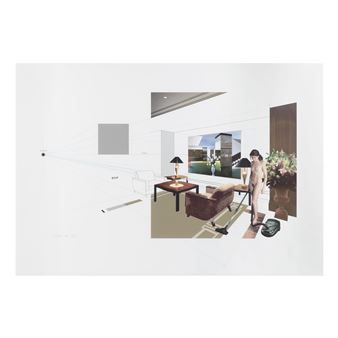 A surreal interior scene blending architectural sketches with a photorealistic figure vacuuming in a living room.