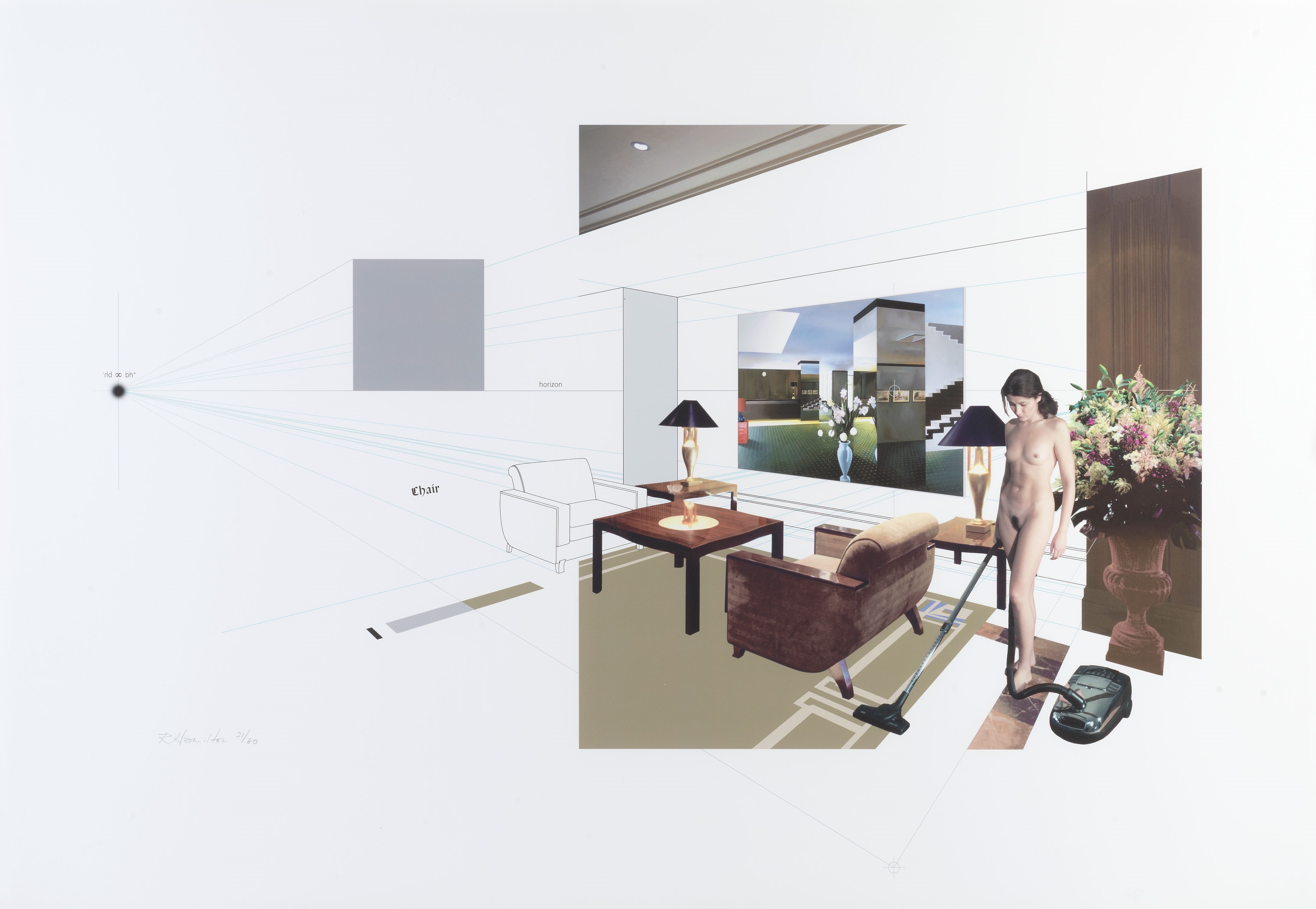 A surreal interior scene blending architectural sketches with a photorealistic figure vacuuming in a living room.