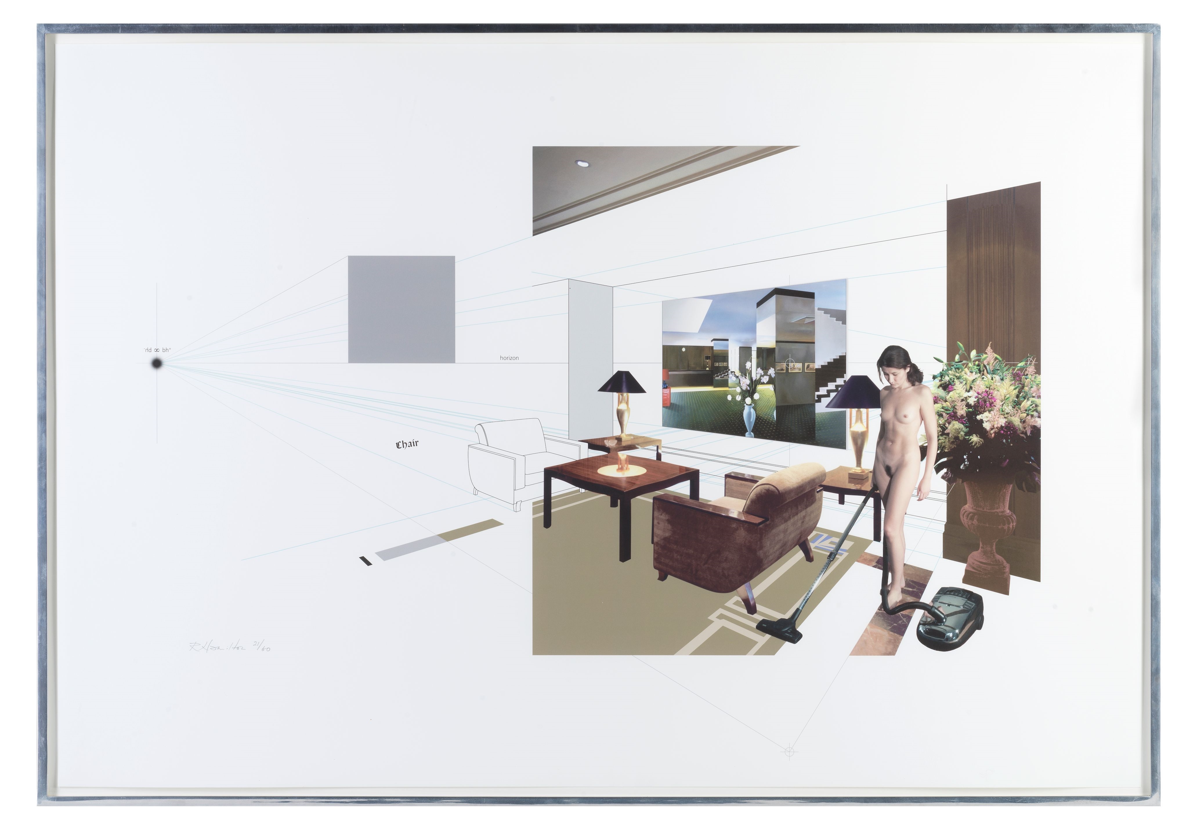 A surreal interior scene blending architectural sketches with a photorealistic figure vacuuming in a living room.