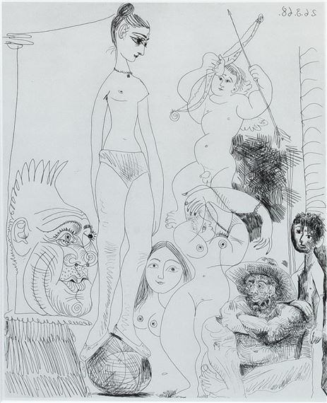 A surreal black-and-white drawing featuring a tall figure balancing on a sphere amidst various other figures and masks.