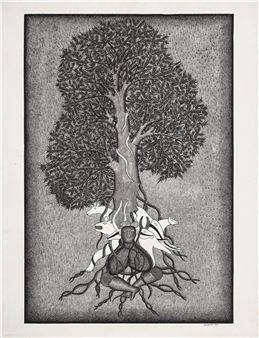 A monochromatic illustration of a seated figure whose body forms the roots of a large tree, with white animal figures emerging from the foliage.