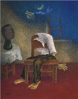 A surreal interior scene featuring a headless figure in a chair and a floating head at a table.